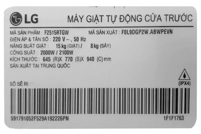 Máy Giặt Sấy LG Inverter 15 kg F2515RTGW