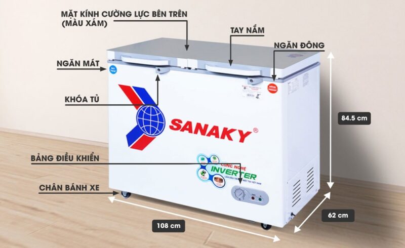 Tủ đông 2 ngăn đông và mát inverter Sanaky VH-2899W4K (220 lít, nắp kính xám)