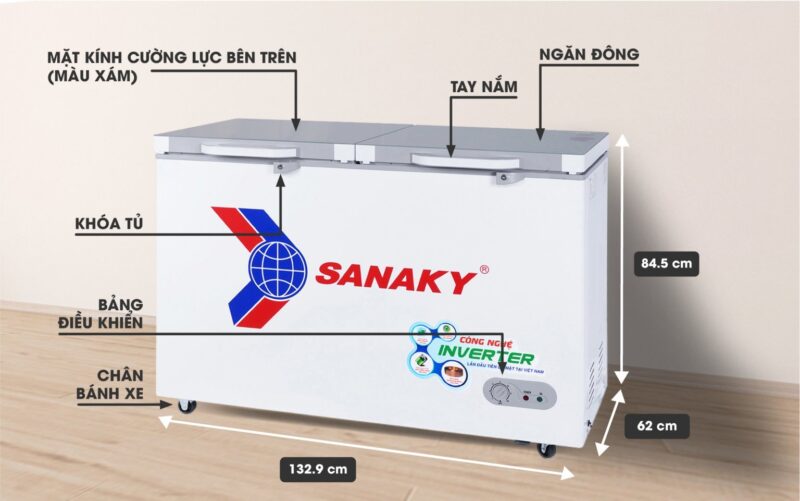 Tủ đông 1 ngăn 2 cánh 305 lít inverter Sanaky VH-4099A4K (mặt kính cường lực xám)